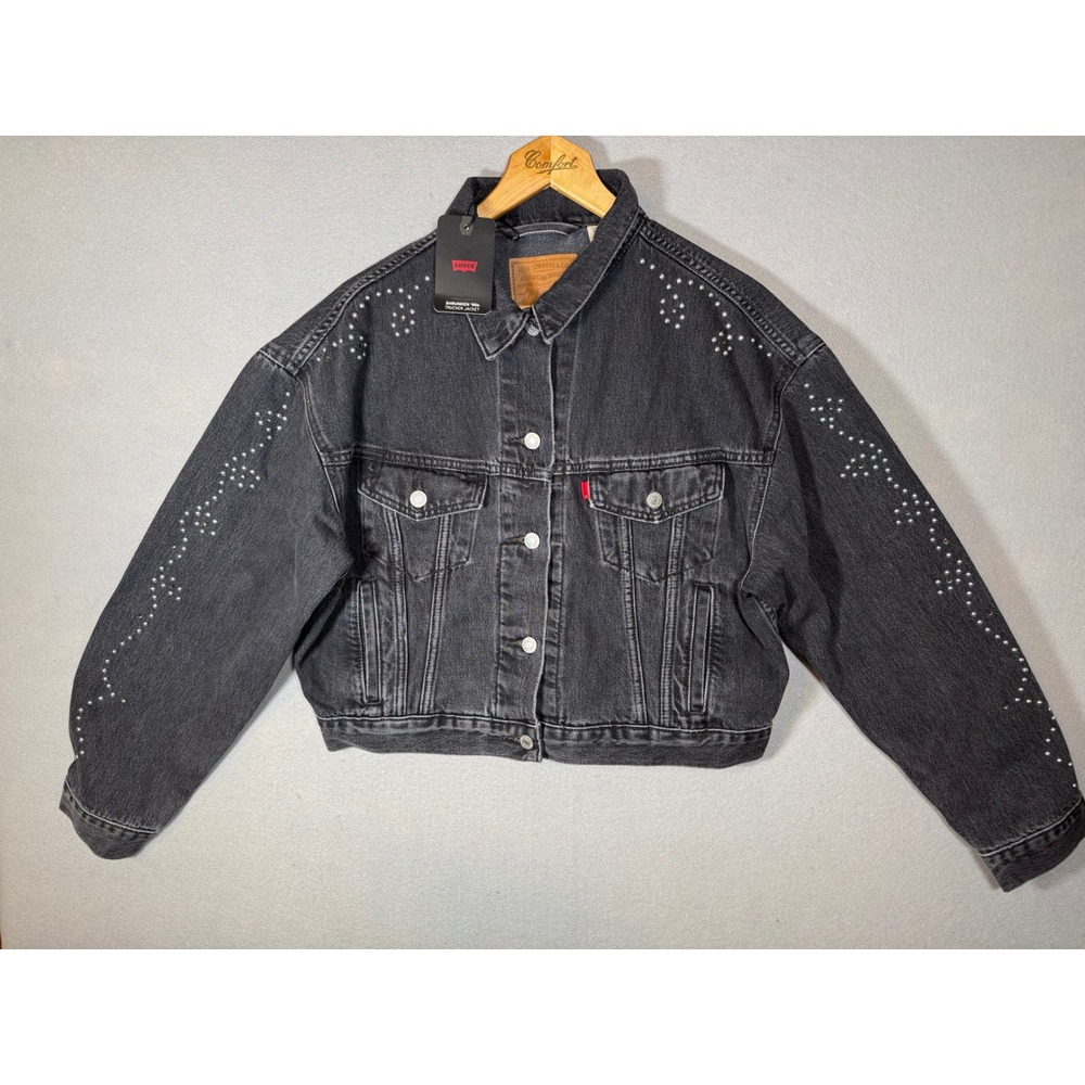 NWT Levis Premium Shrunken 90s Trucker Jacket Studded Black Denim A9456-0003 L